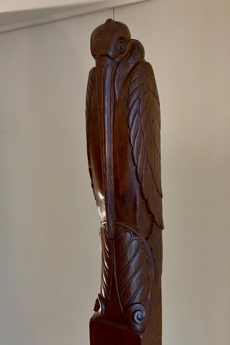 Paul Follot (1877-1941) Marabou Bird Adorned With Vegetal Scrolls, Oak Sculpture