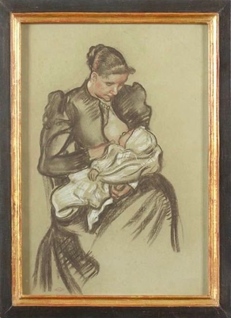 Georges LEMMEN (1865-1916) Maternité Fusain et pastel sur papier Cachet de l'artiste 
