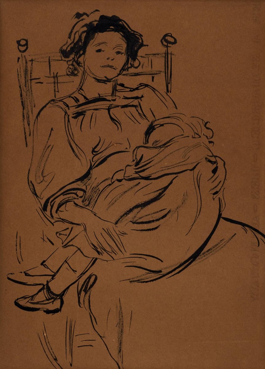 Georges Lemmen (1865–1916) India Ink Drawing On Paper: Madame Lemmen And Her Daughter