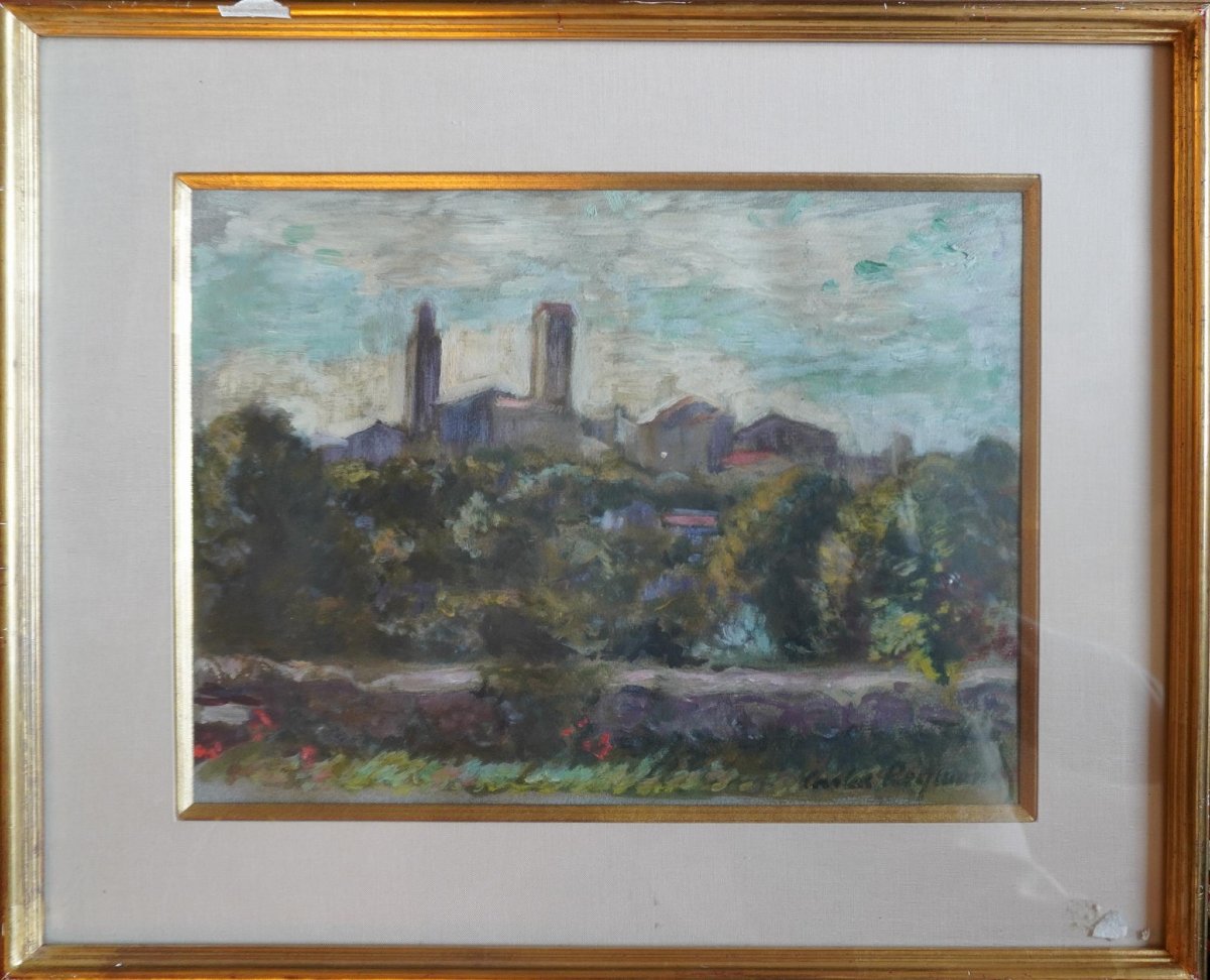 CARLOS-REYMOND (1884-1970) Vue de village au printemps Huile sur papier Signé en bas à droite