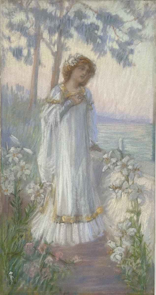 Anonyme français début XXème siècle Femme rêveuse (composition symboliste) Pastel