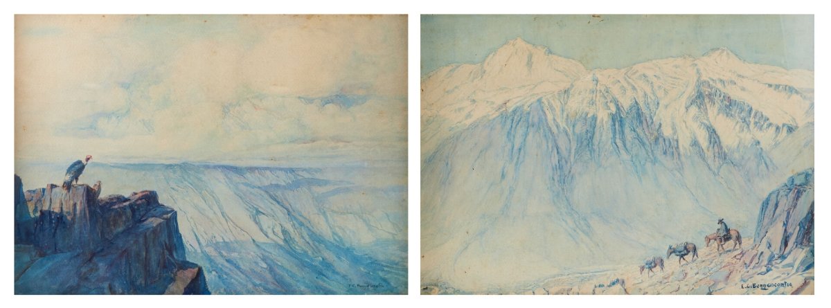 Ernest COURTOIS de BONNENCONTRE (1859-1955);Paysages dans les Andes, Paire d’aquarelles signées