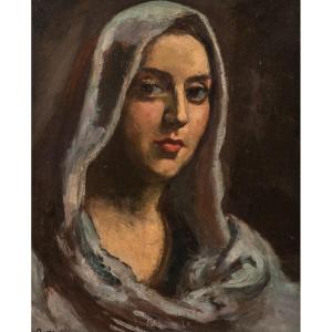 Manuel Ortiz de Zarate (1886-1947) :huile double face: Femme au foulard+panier de pommes