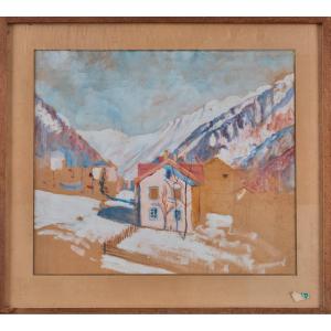 Georgette AGUTTE (1867-1922) :Village de montagne. Gouache et mine de plomb sur carton.