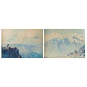Ernest COURTOIS de BONNENCONTRE (1859-1955);Paysages dans les Andes, Paire d’aquarelles signées