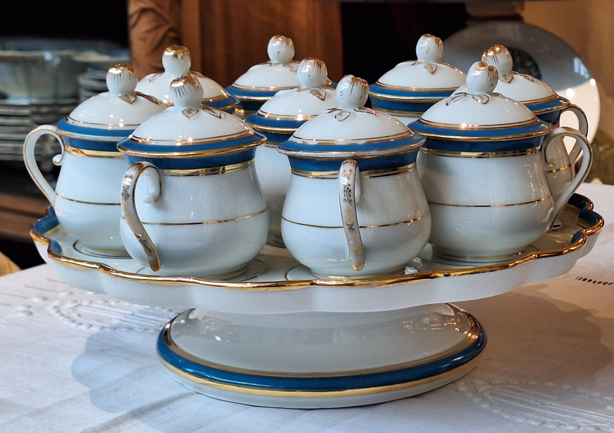 9 Paris Porcelain Juice Or Cream Pots On A Stand 