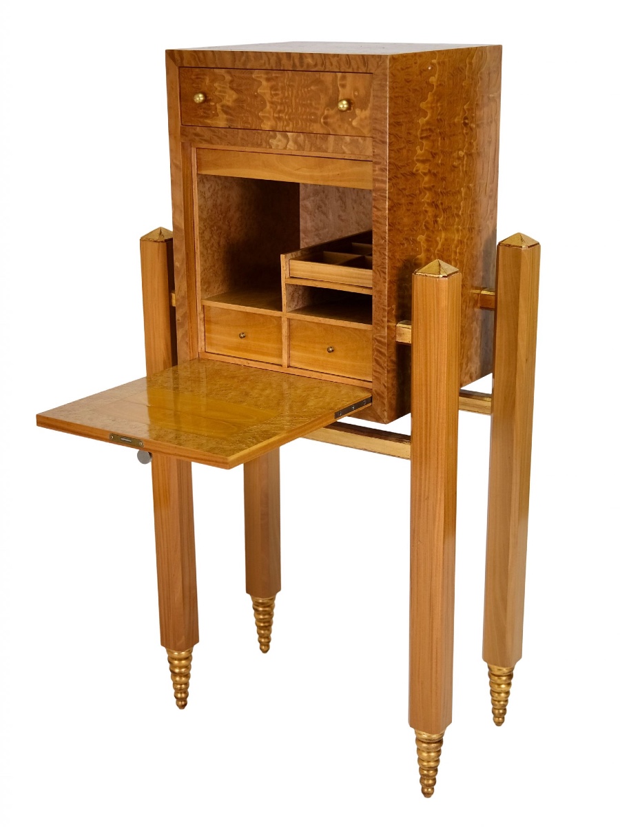 Very Elegant Bar Cabinet, In Light Wood With Gold Trim-photo-3