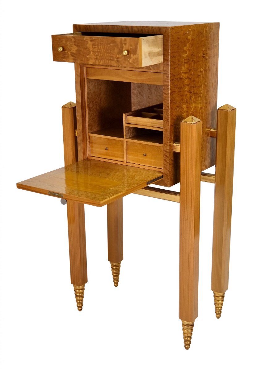 Very Elegant Bar Cabinet, In Light Wood With Gold Trim-photo-4