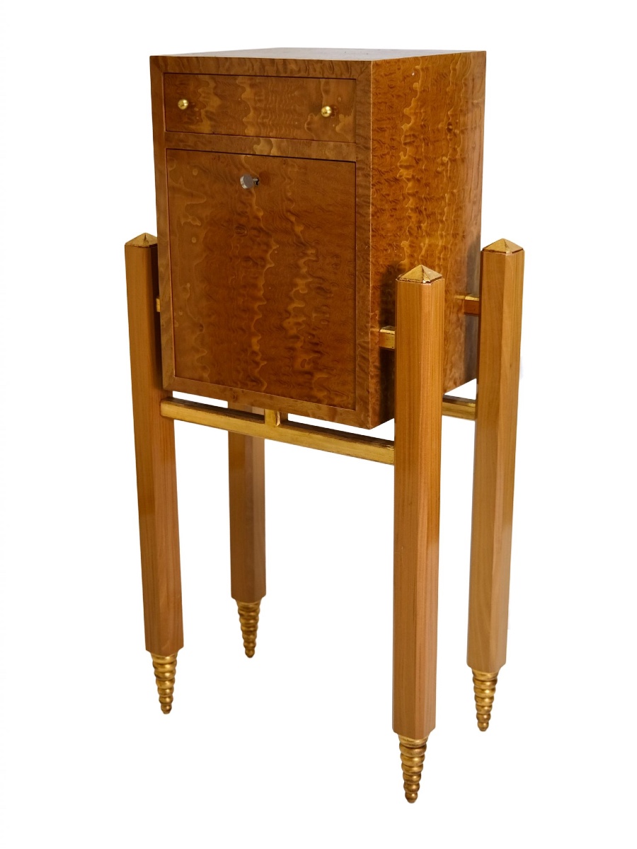 Very Elegant Bar Cabinet, In Light Wood With Gold Trim