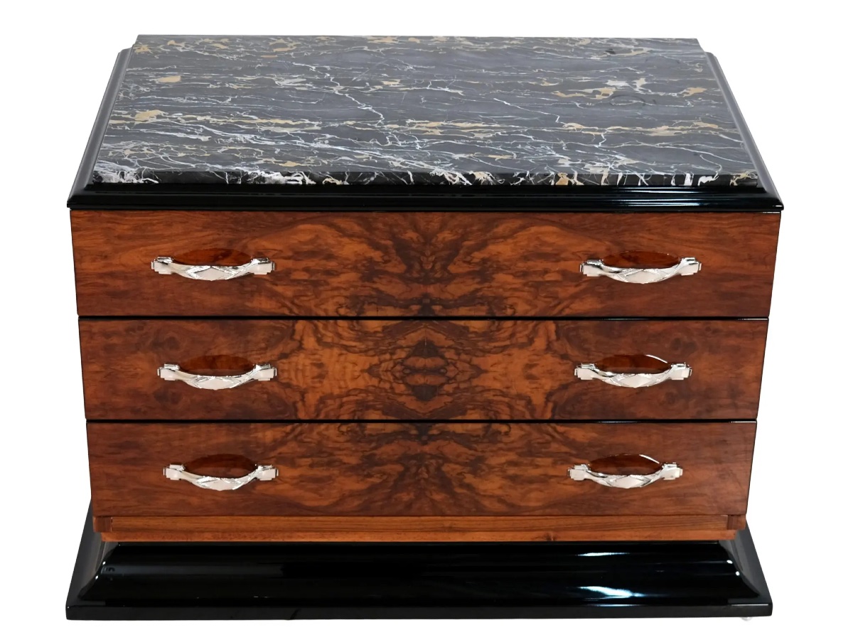 Commode Art Déco en noyer avec plateau en marbre-photo-2