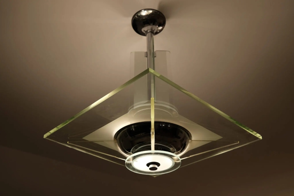 Plafonnier Art Déco avec panneau de verre d'origine-photo-2