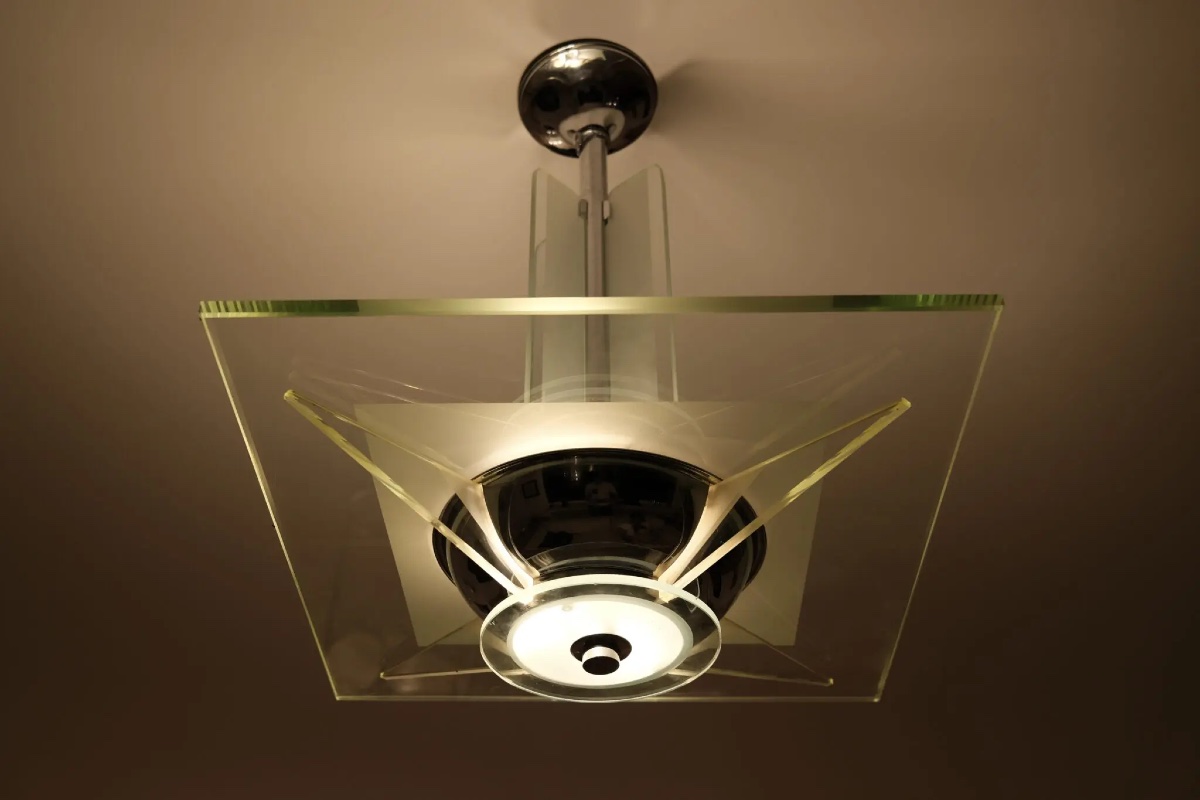 Plafonnier Art Déco avec panneau de verre d'origine-photo-3