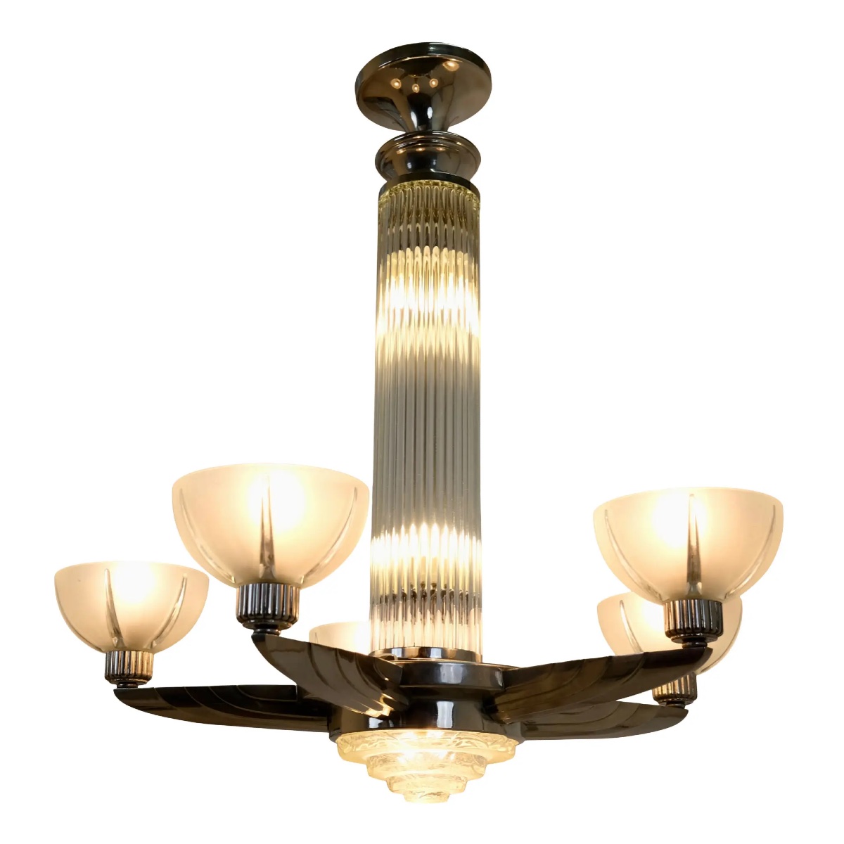 Plafonnier Art Déco à 5 bras avec tiges de verre de « Petitot »-photo-4