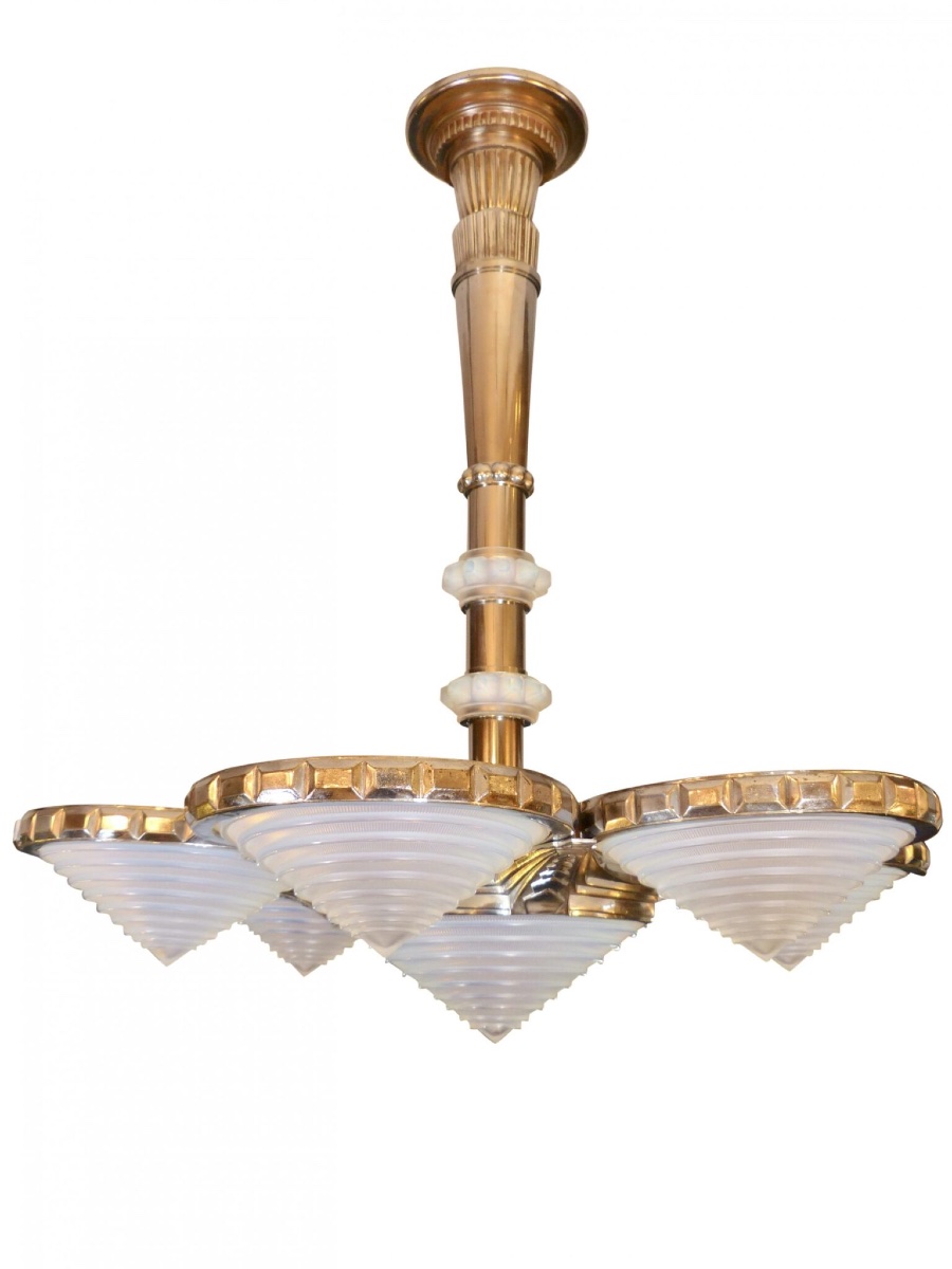 Plafonnier Art Déco, chrome et verre opalin ; signé « Georges Leleu »-photo-3