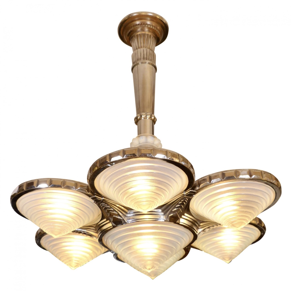 Plafonnier Art Déco, chrome et verre opalin ; signé « Georges Leleu »-photo-1