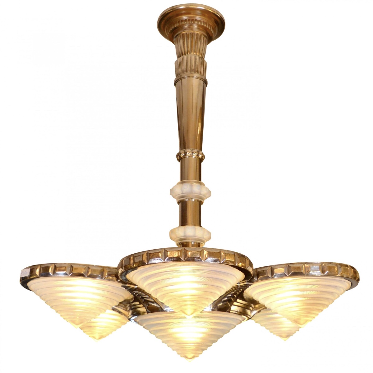 Plafonnier Art Déco, chrome et verre opalin ; signé « Georges Leleu »-photo-2