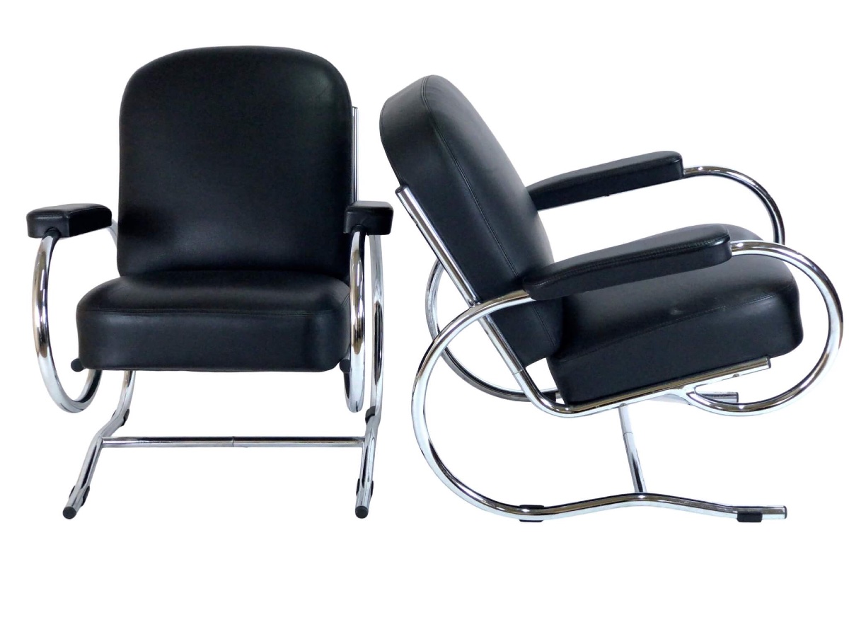 Paire de fauteuils du milieu du siècle avec tubes d'acier courbés-photo-3
