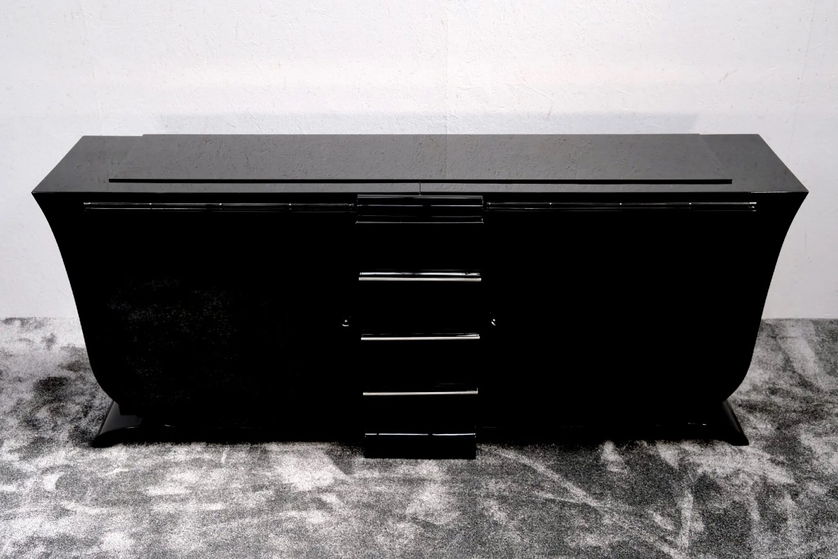 Buffet Art Déco en laque noire avec courbe tulipe-photo-3