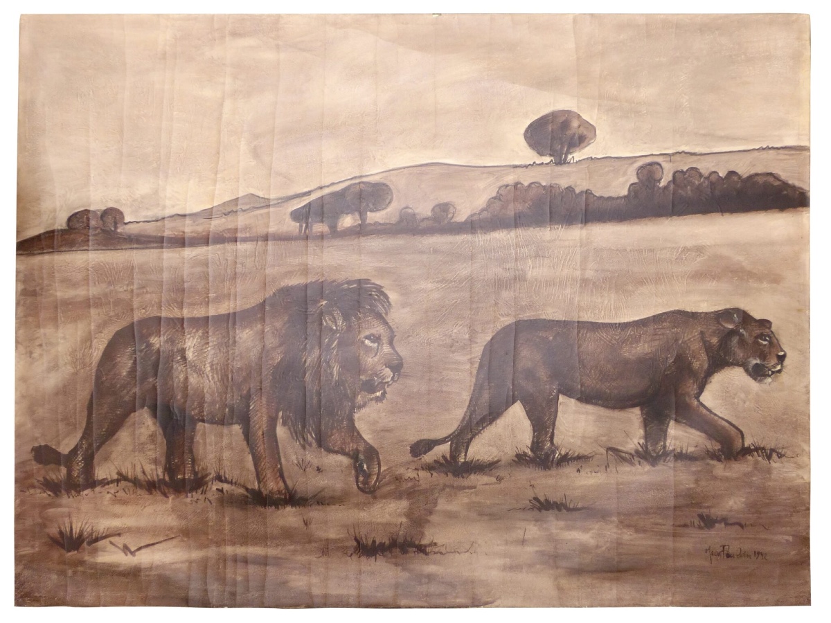 Grande peinture à l'huile d'une paire de lions par “Jean Poulain“