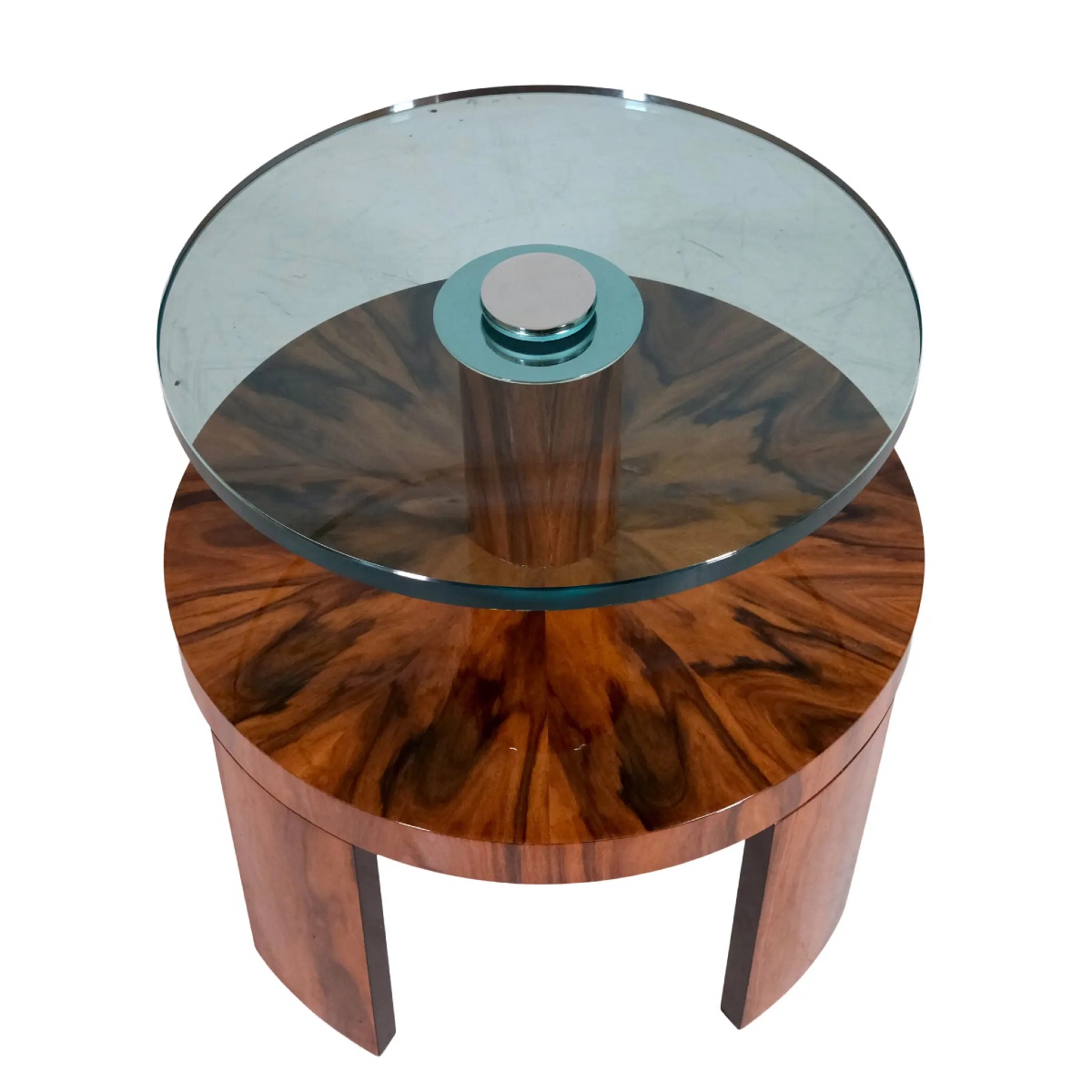 Table d'appoint ronde en noyer avec plateau en verre-photo-3