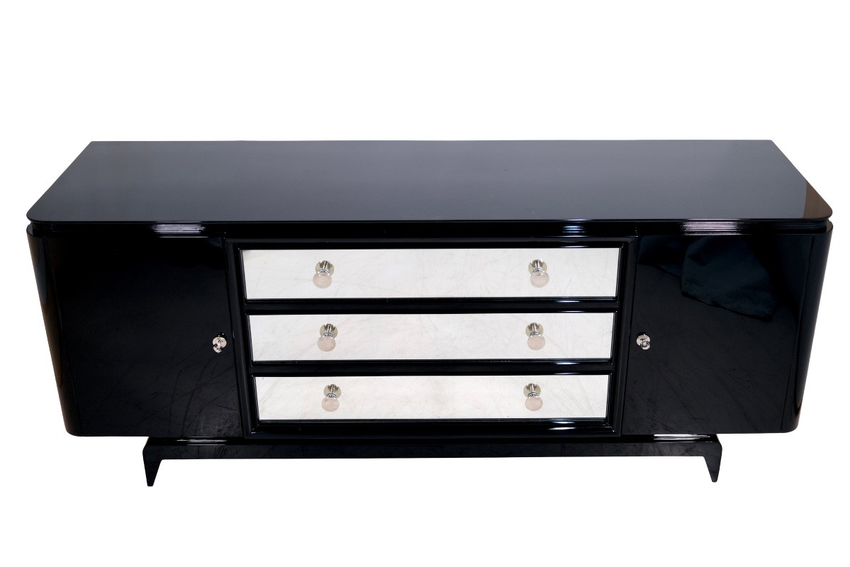 Art Deco Sideboard, France Circa 1930, Glossy Black Lacquer With 3 Mirrored Drawers-photo-2
