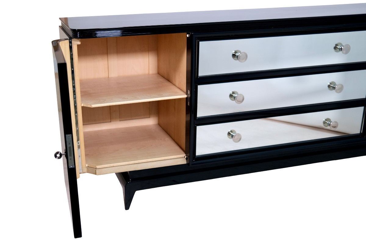 Art Deco Sideboard, France Circa 1930, Glossy Black Lacquer With 3 Mirrored Drawers-photo-4