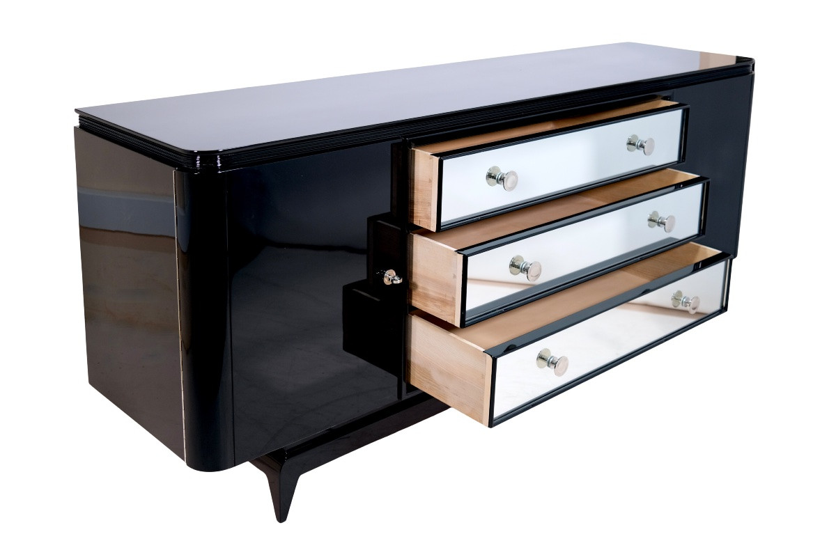 Art Deco Sideboard, France Circa 1930, Glossy Black Lacquer With 3 Mirrored Drawers-photo-1