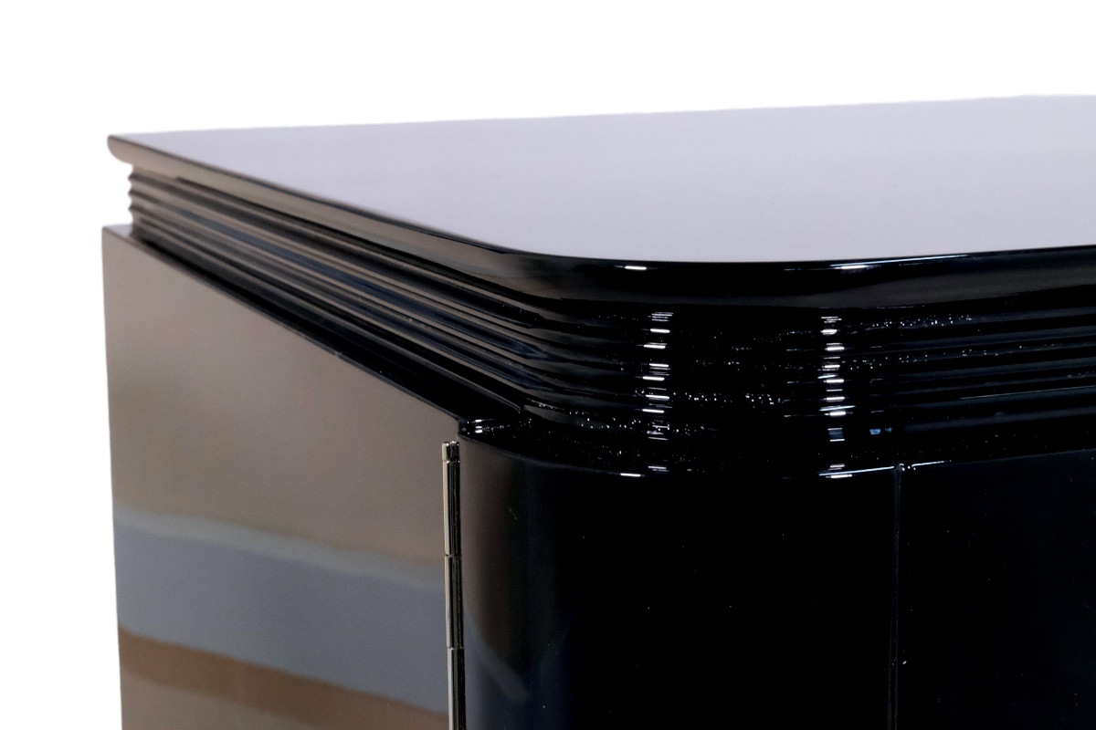 Art Deco Sideboard, France Circa 1930, Glossy Black Lacquer With 3 Mirrored Drawers-photo-3