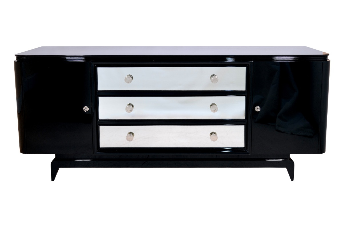 Art Deco Sideboard, France Circa 1930, Glossy Black Lacquer With 3 Mirrored Drawers