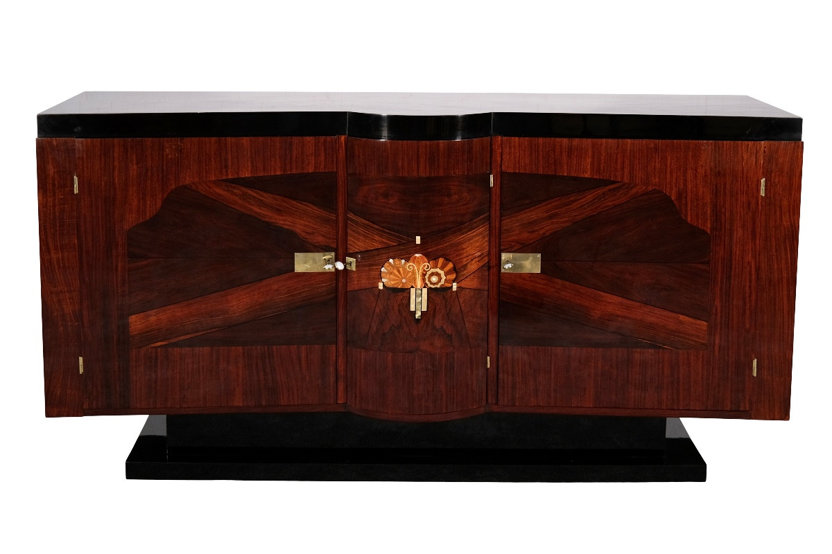 Buffet Art Déco avec incrustations, laque à la gomme-laque polie à la main