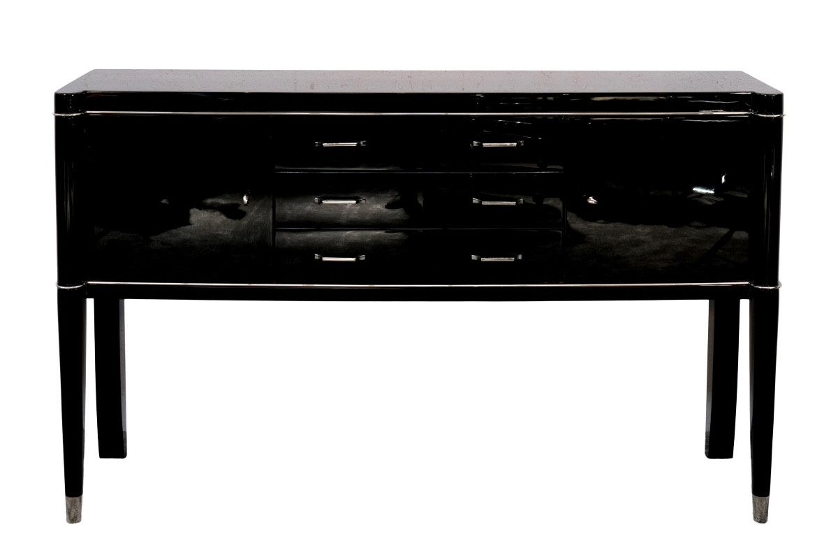 Buffet élégant sur hauts pieds, avec 3 tiroirs au centre, finition laquée noire brillante.