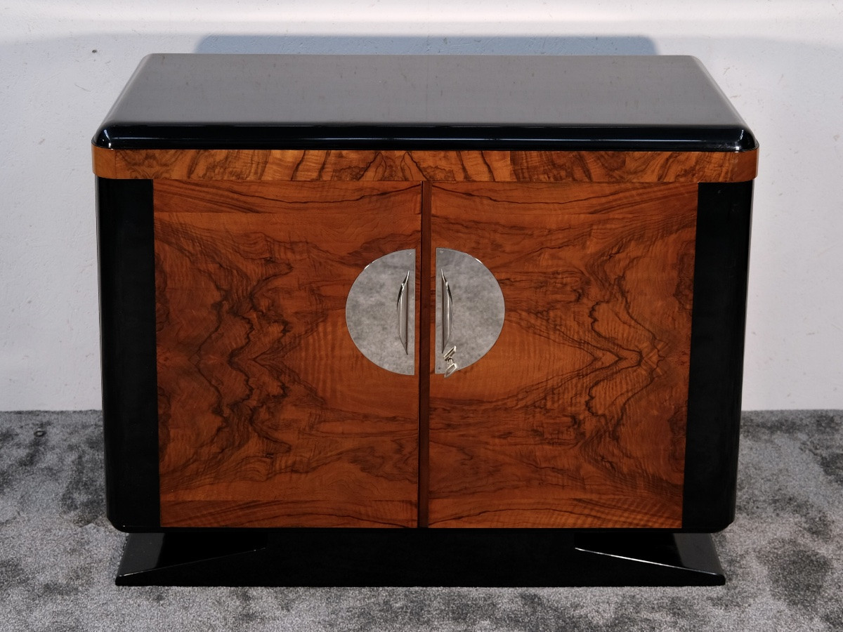 Small Art Deco Sideboard, Walnut And High-gloss Black Lacquer Trim-photo-3