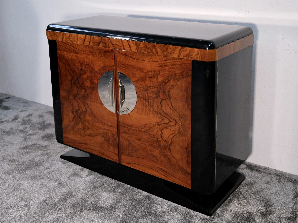Small Art Deco Sideboard, Walnut And High-gloss Black Lacquer Trim-photo-1