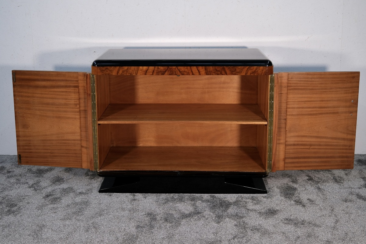 Small Art Deco Sideboard, Walnut And High-gloss Black Lacquer Trim-photo-3