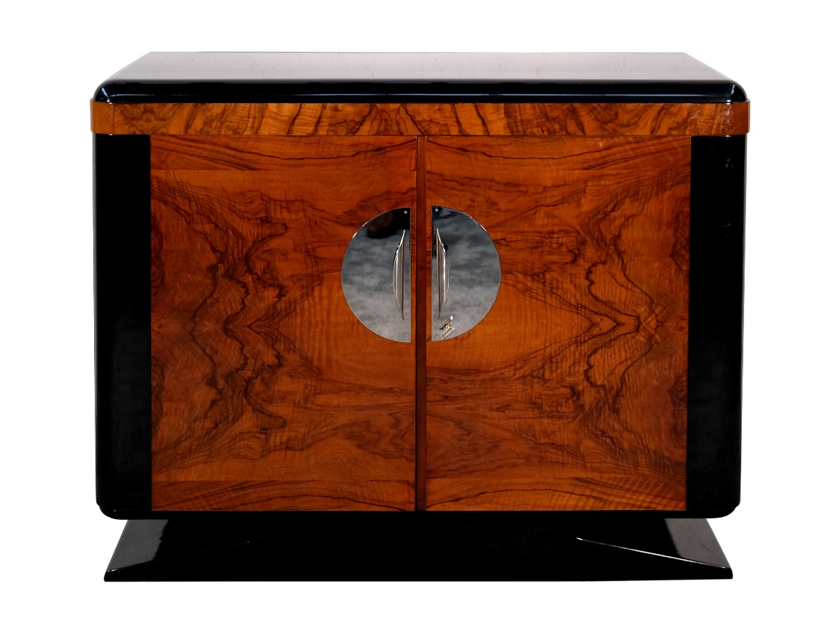 Small Art Deco Sideboard, Walnut And High-gloss Black Lacquer Trim