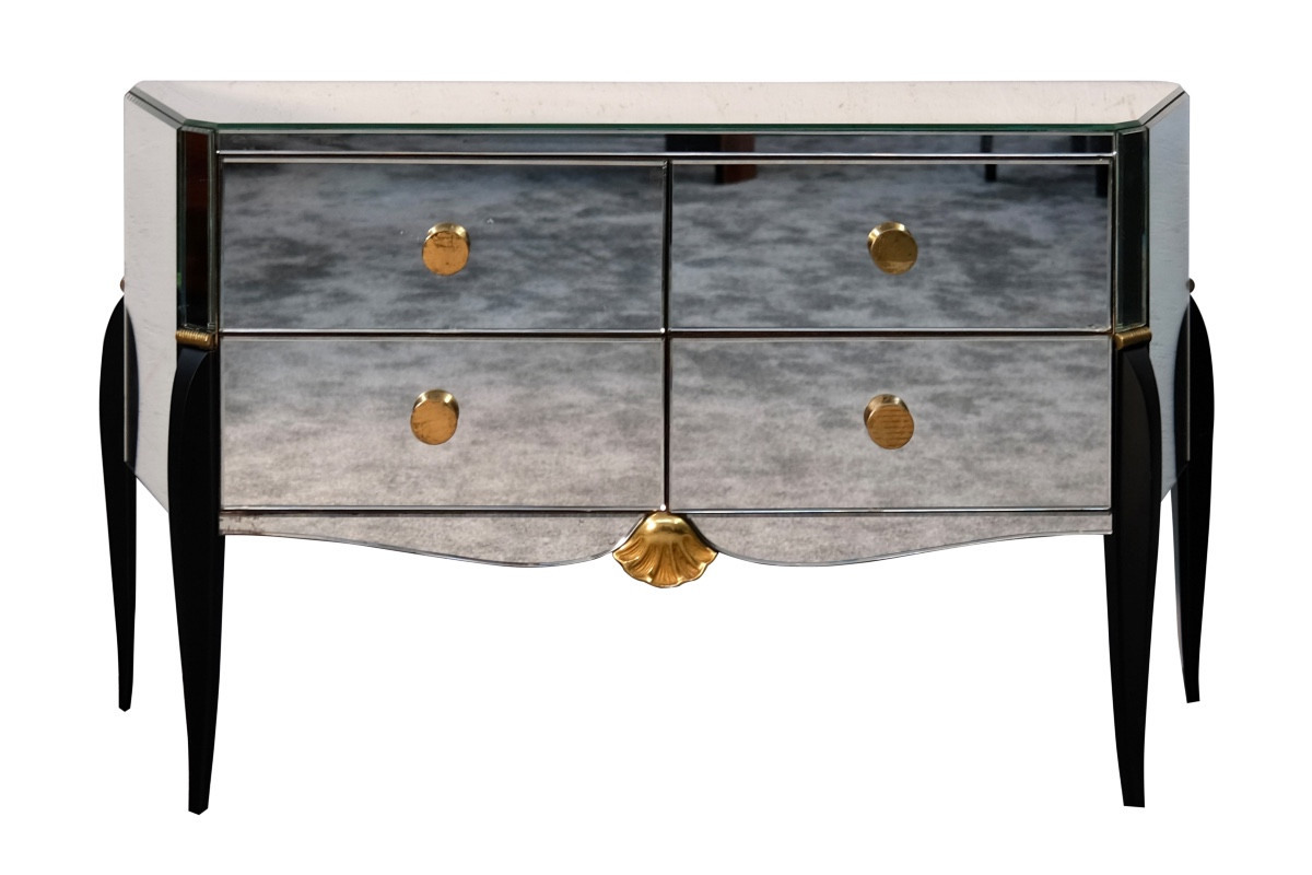 Art Deco Chest Of Drawers With Mirrors And Elegantly Curved Legs. Brass-colored Wall Lights.