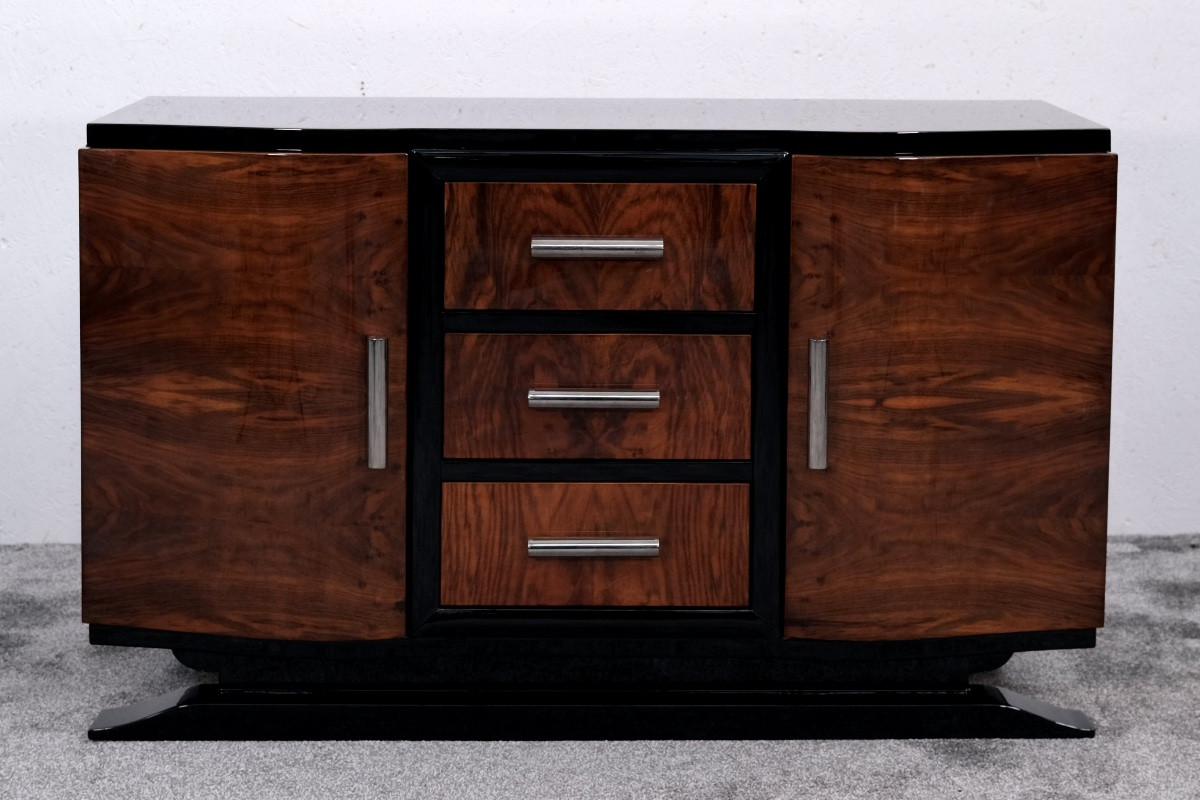 Small Art Deco Walnut Sideboard With 3 Drawers In The Center.-photo-2