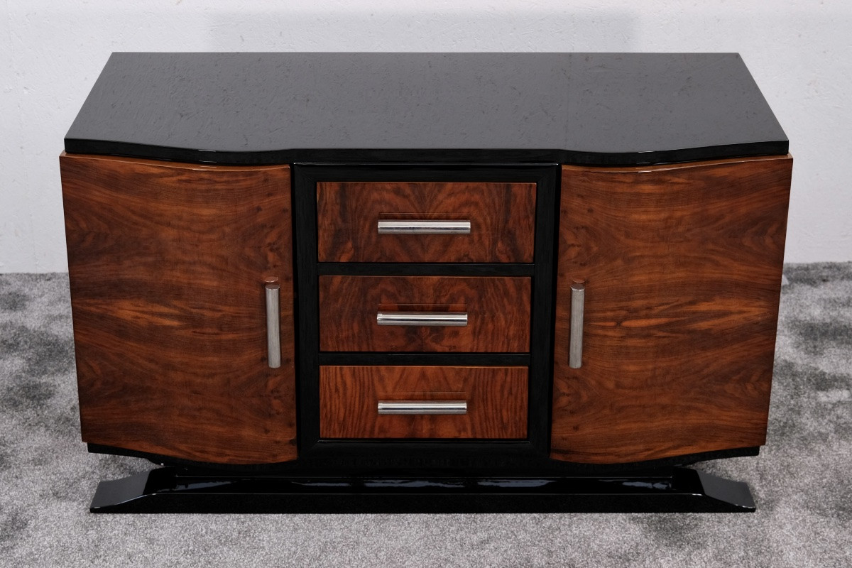 Small Art Deco Walnut Sideboard With 3 Drawers In The Center.-photo-3