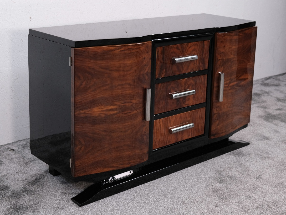 Small Art Deco Walnut Sideboard With 3 Drawers In The Center.-photo-4