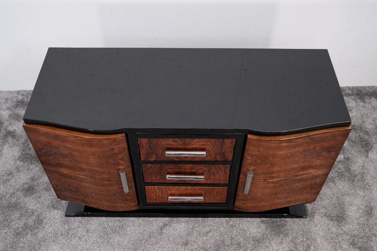 Small Art Deco Walnut Sideboard With 3 Drawers In The Center.-photo-3