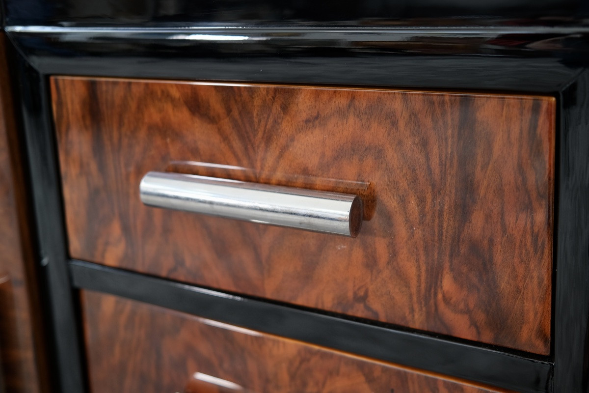 Small Art Deco Walnut Sideboard With 3 Drawers In The Center.-photo-4