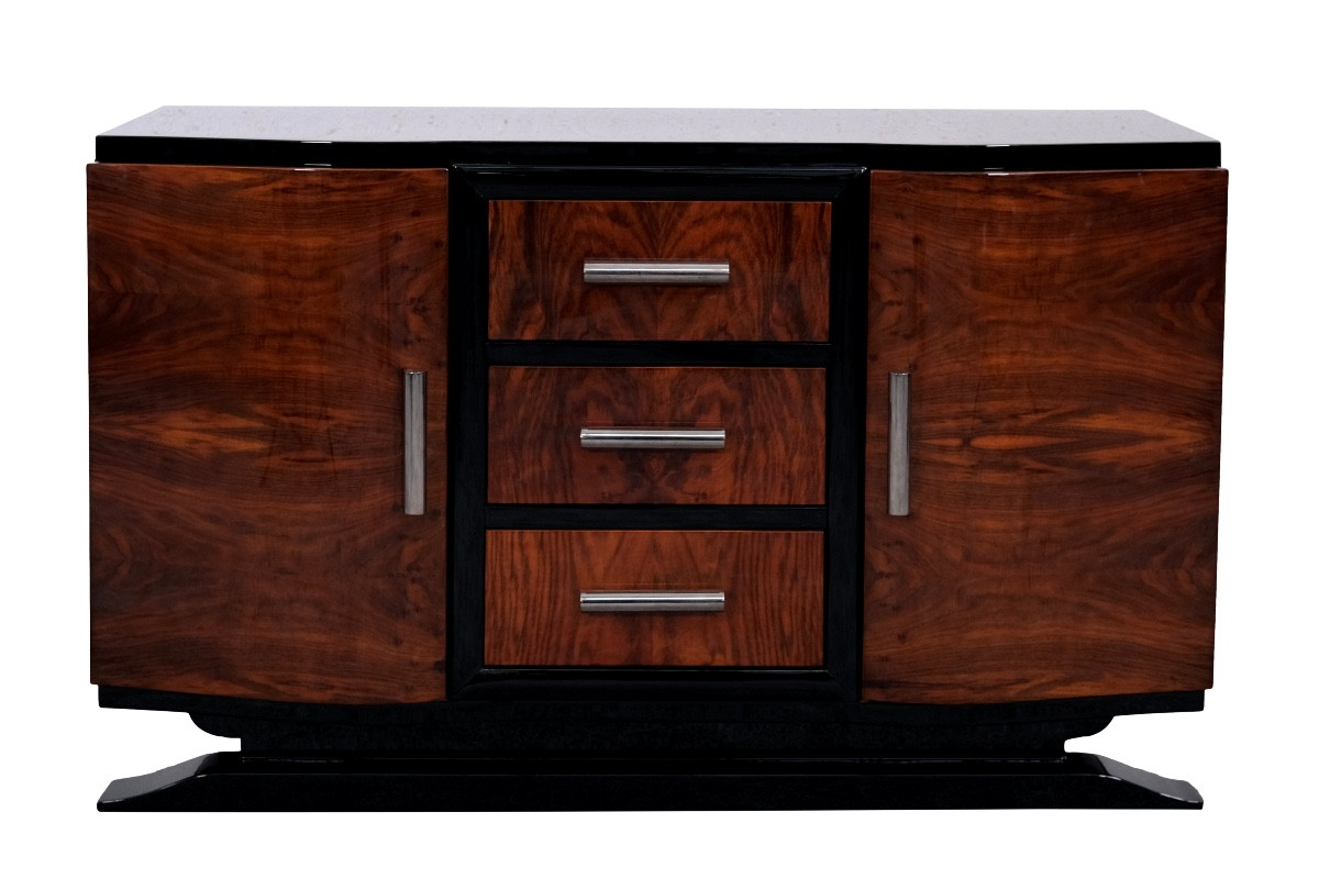 Small Art Deco Walnut Sideboard With 3 Drawers In The Center.
