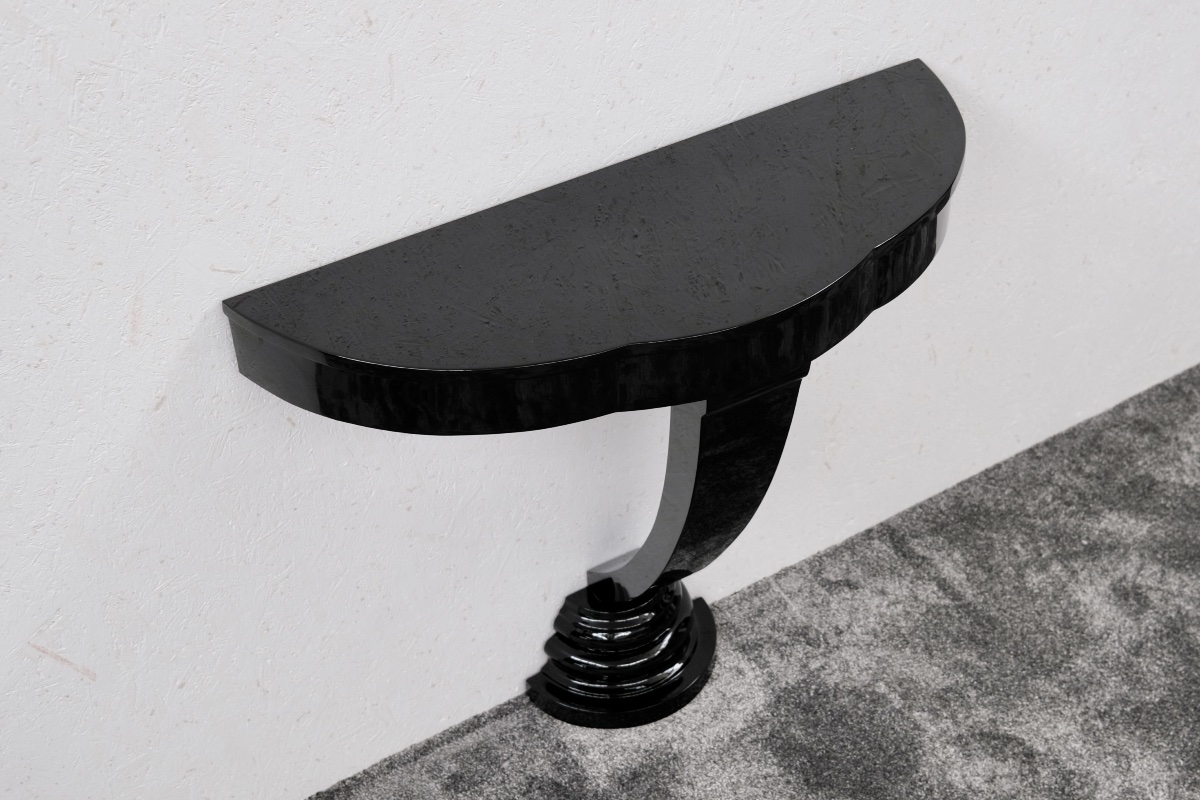Semicircular Console High-gloss Black Lacquer Original Art Deco, France, 1930s-photo-4