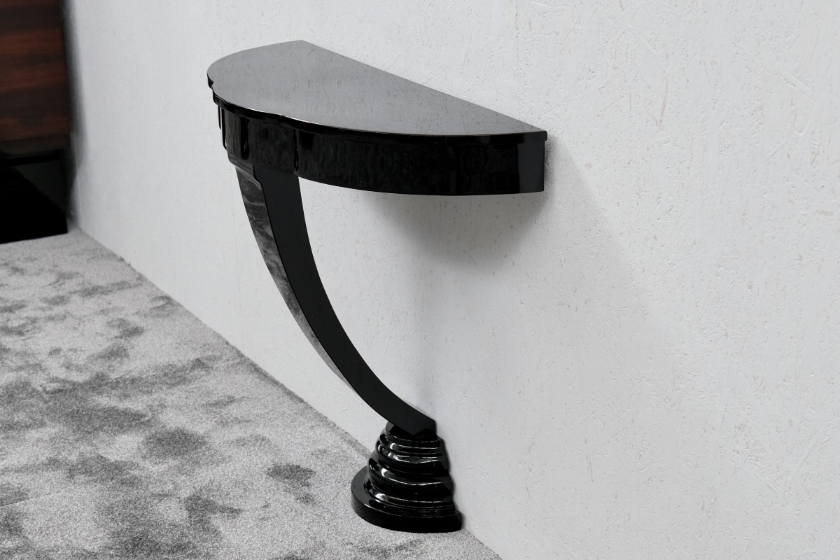 Semicircular Console High-gloss Black Lacquer Original Art Deco, France, 1930s-photo-4