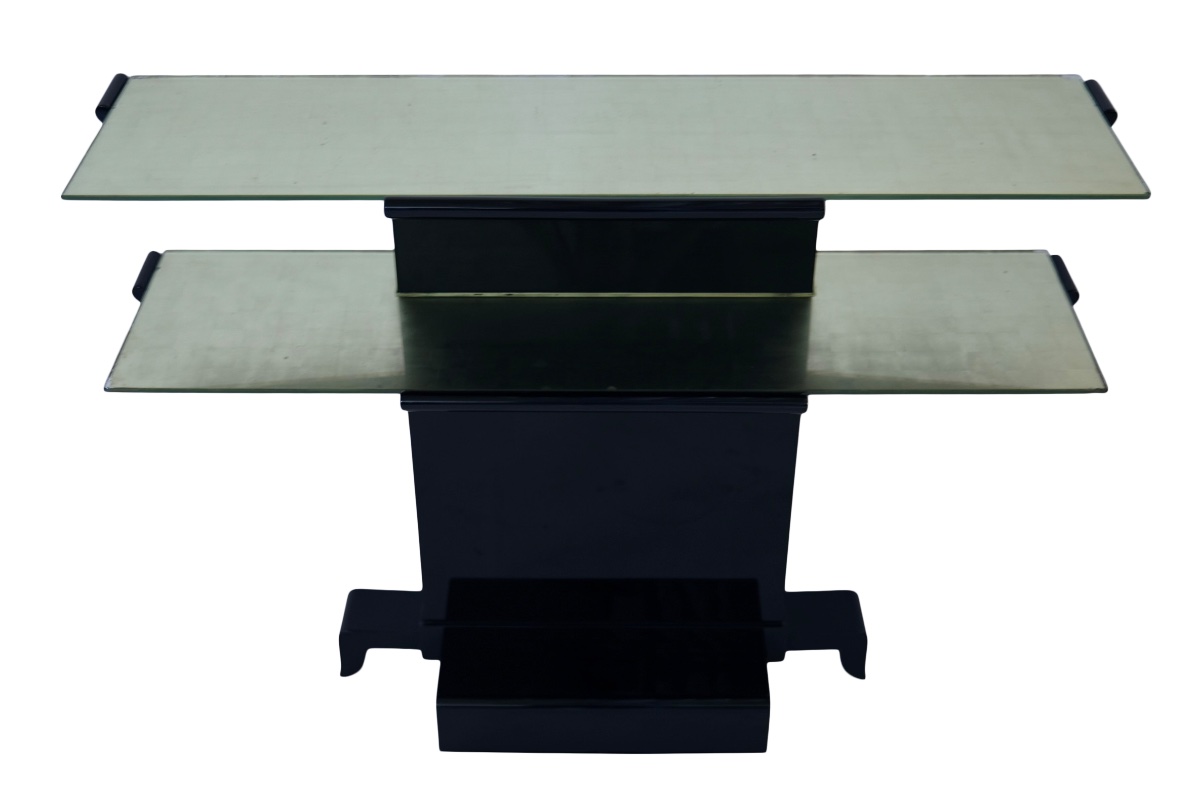 Console Art déco à deux étagères en verre miroir, base laquée noire haute brillance-photo-2