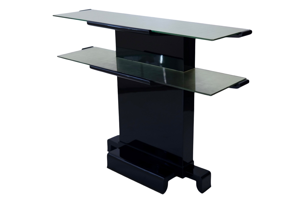 Console Art déco à deux étagères en verre miroir, base laquée noire haute brillance-photo-4