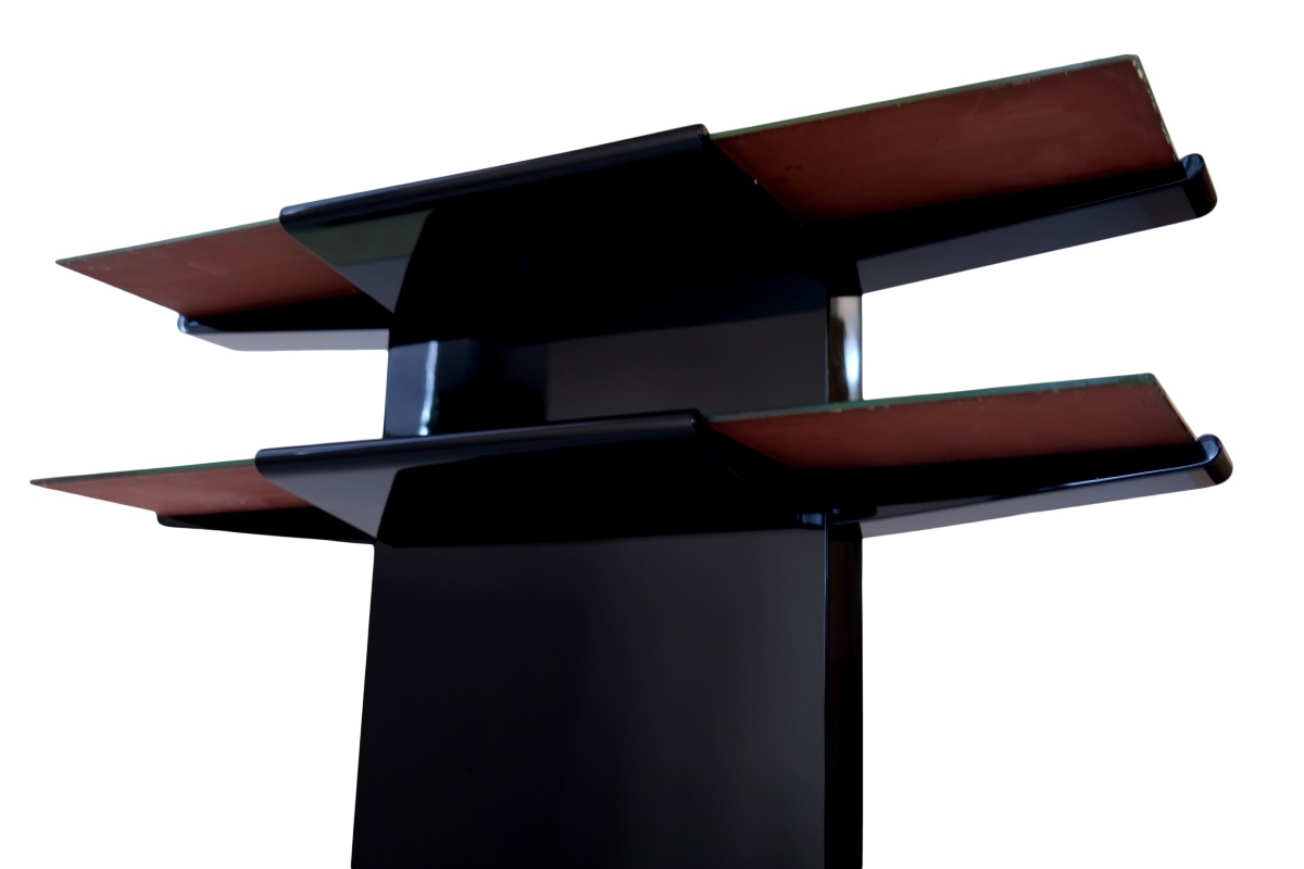 Console Art déco à deux étagères en verre miroir, base laquée noire haute brillance-photo-2