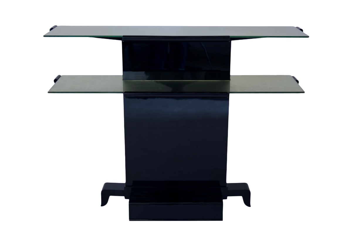Console Art déco à deux étagères en verre miroir, base laquée noire haute brillance