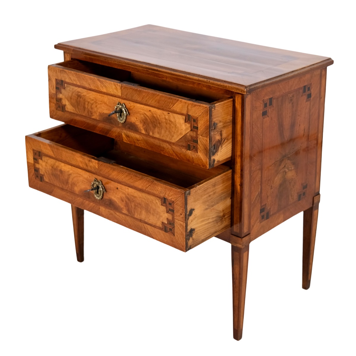 Commode Louis XVI à deux tiroirs, en noyer, vernis au tampon appliqué à la main.-photo-3