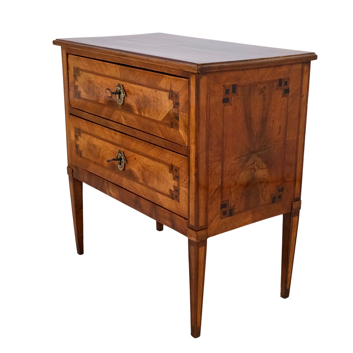 Commode Louis XVI à deux tiroirs, en noyer, vernis au tampon appliqué à la main.-photo-6